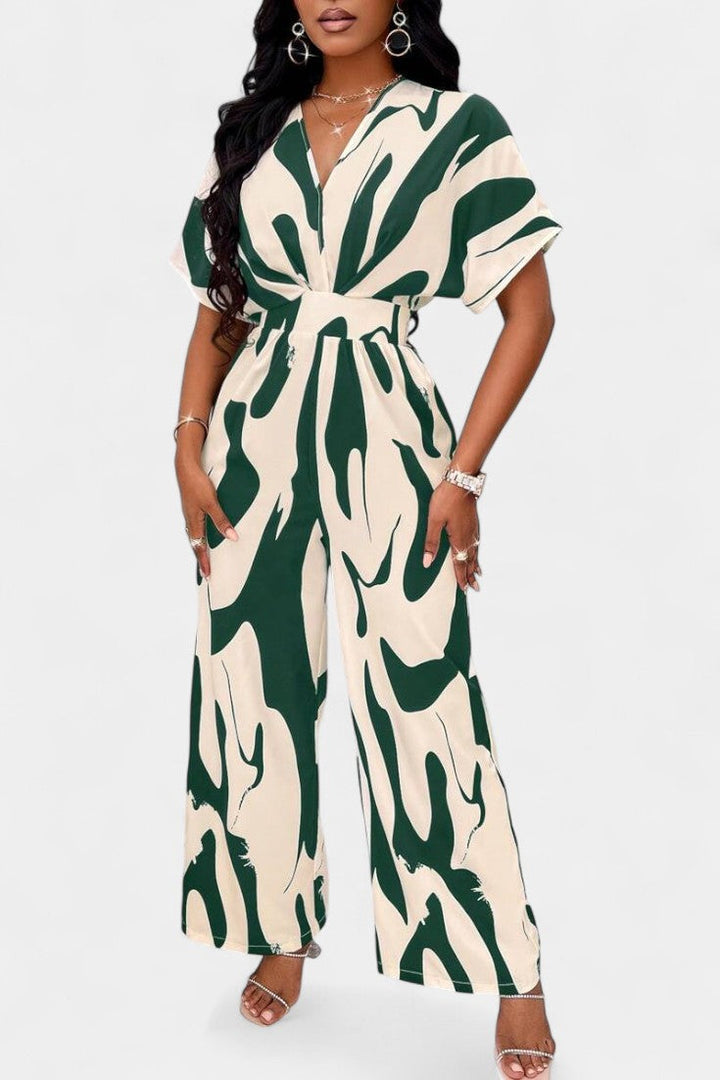 Women's abstract print V-neck wide leg jumpsuit in green