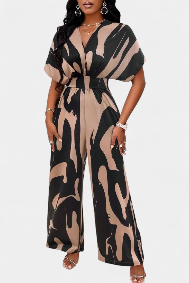 Women's abstract print V-neck wide leg jumpsuit in brown