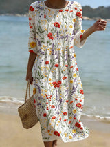 Women's Floral Print Round Neck Flowy Maxi Dress