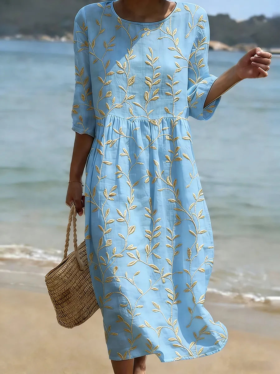Women's botanical floral print round neck midi dress