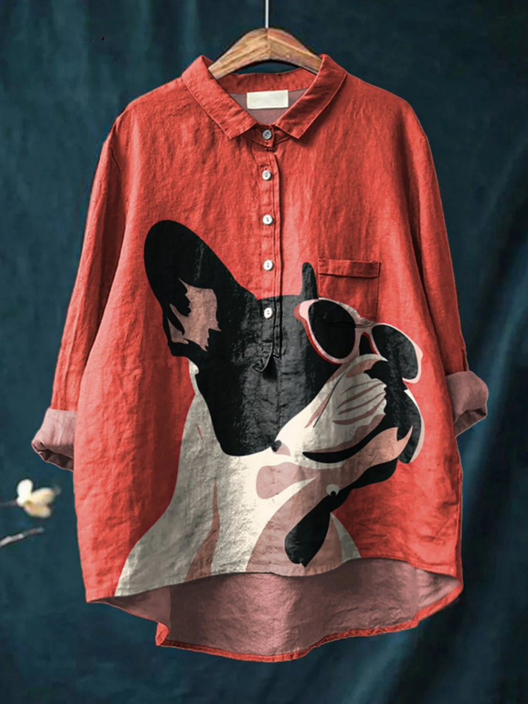 Women's red French bulldog print long sleeve shirt