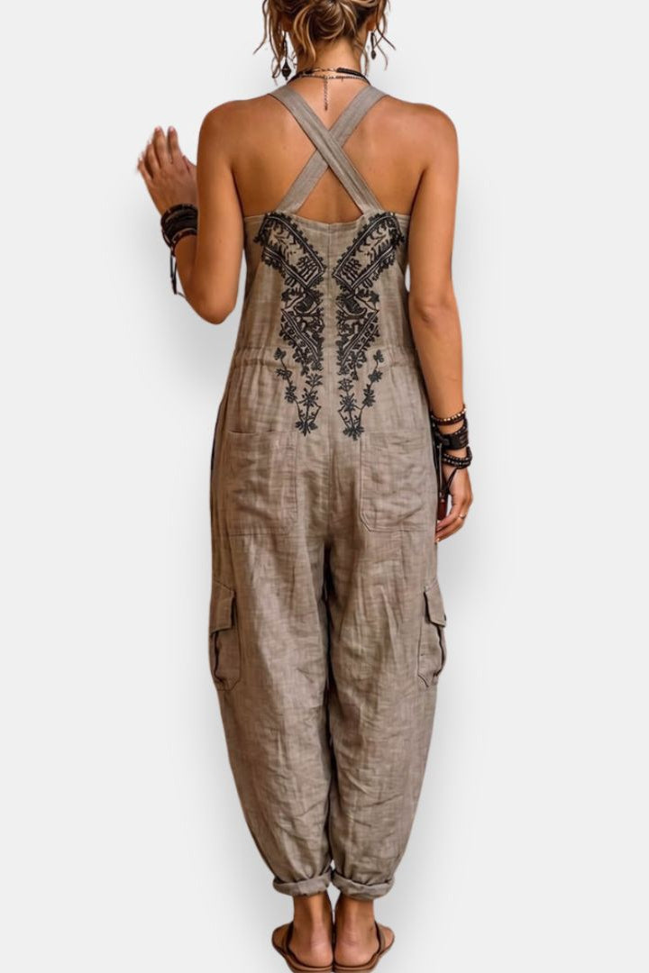 Women's embroidered bohemian strappy jumpsuit in grey, detail view
