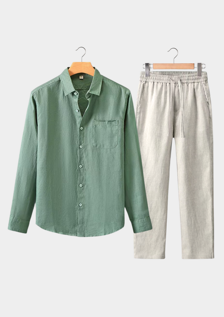 Green & Beige Linen Longsleeve Summer Set