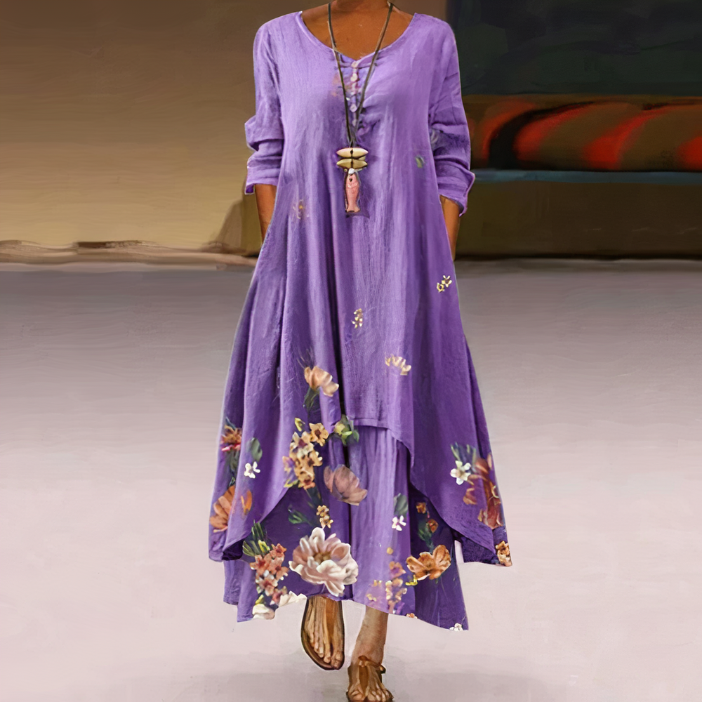 Women's floral border print long sleeve oversized maxi dress in lavender