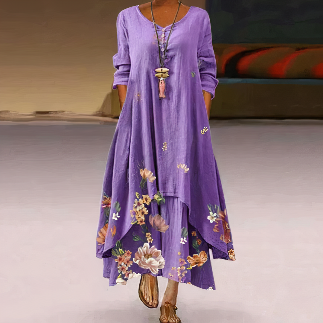 Women's floral border print long sleeve oversized maxi dress in lavender