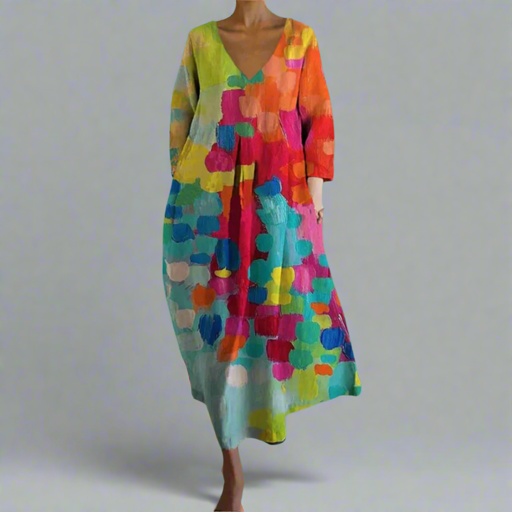 Colorful V-Neck Print Dress - Multicolor