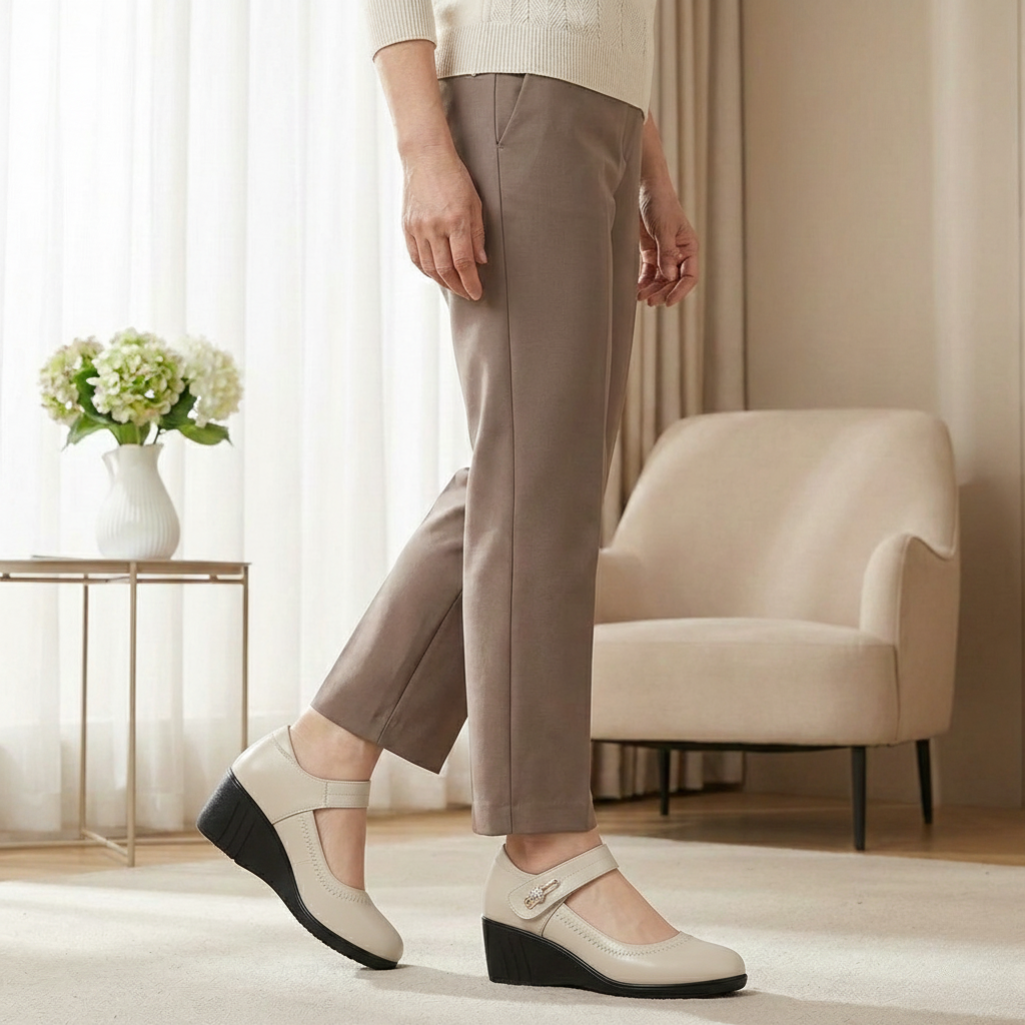 Women's adjustable strap mid heel pump in beige