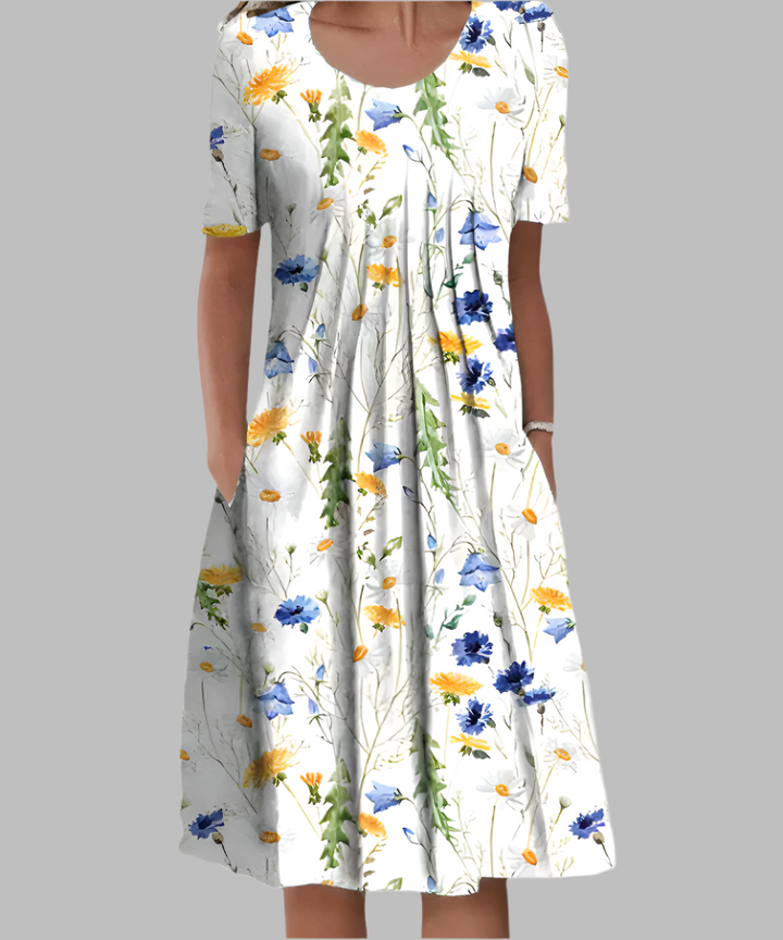 Elegant Flowing Printed Midi Dress - White with Yellow