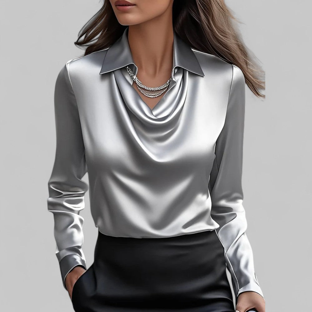 Satin draped neck blouse in grey