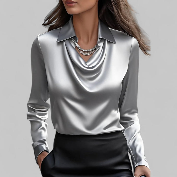 Satin draped neck blouse in grey