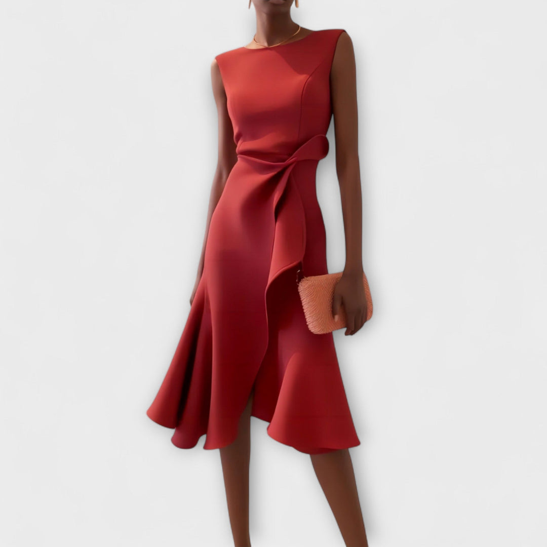 Sophisticated asymmetric midi dress in red