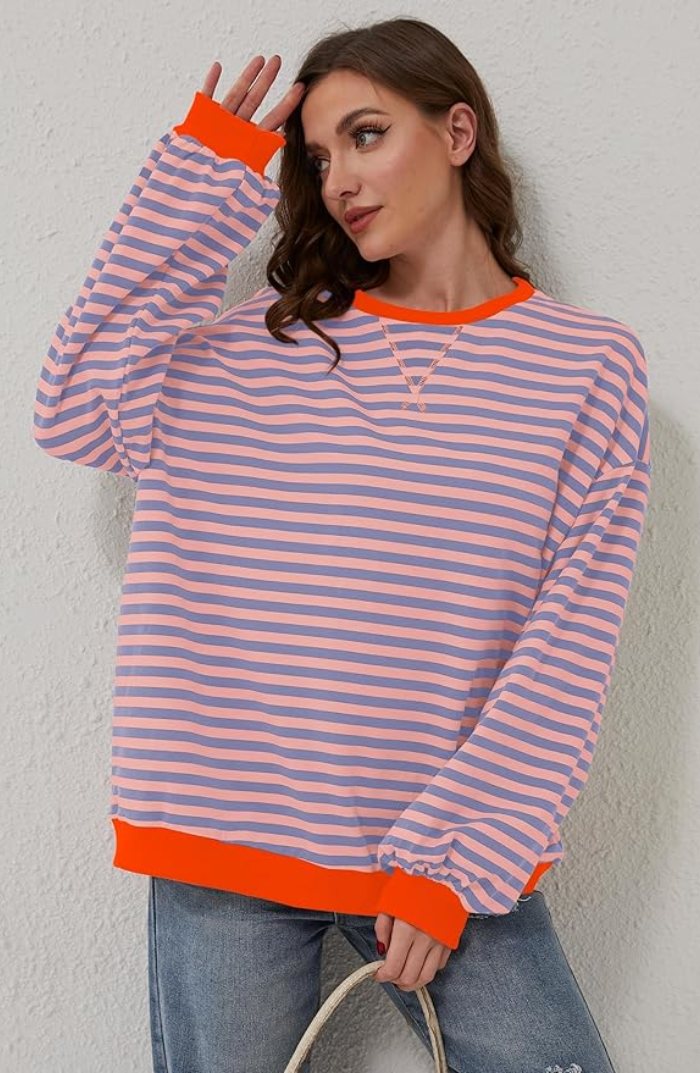 Women's oversized striped sweater in orange and blue