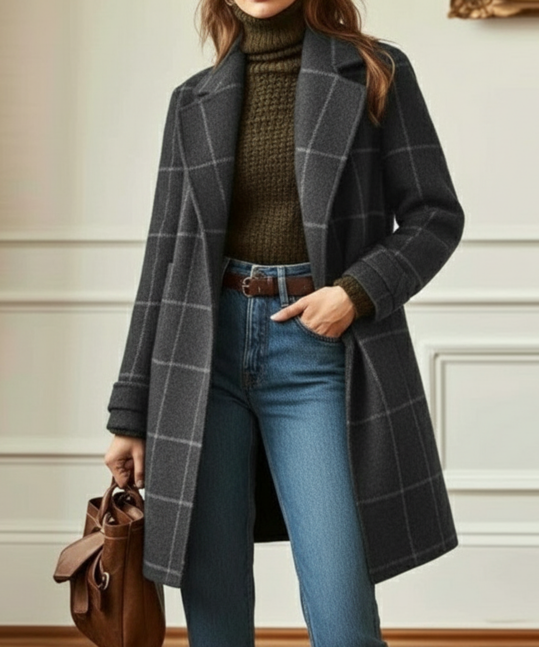 Women's retro tweed check lapel coat in grey