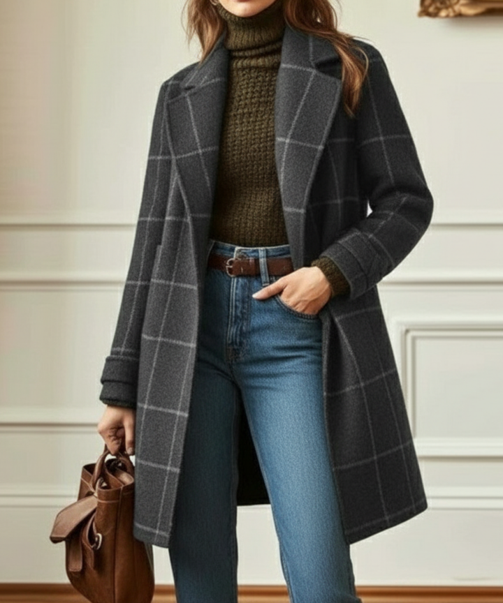 Women's retro tweed check lapel coat in grey