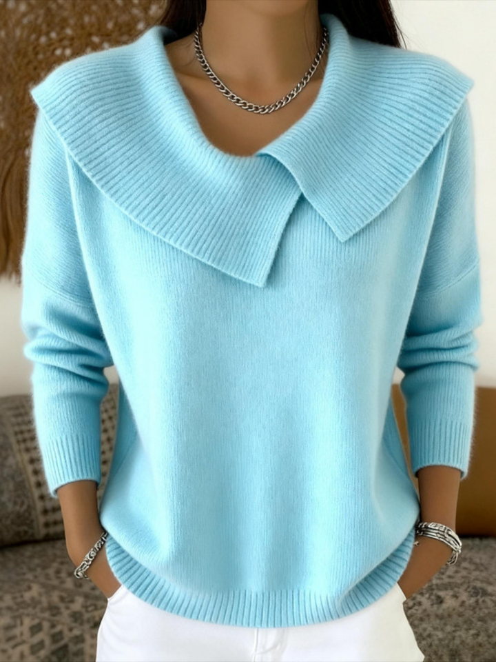 Women's pleated collar wool blend sweater detail