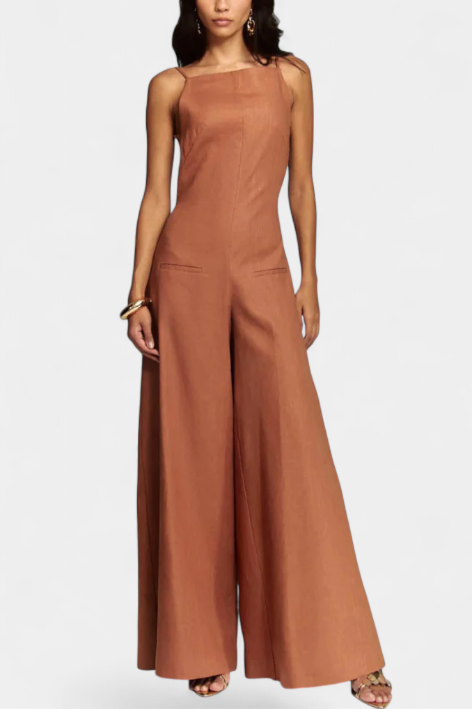 Women's ramie halter wide leg jumpsuit in brown