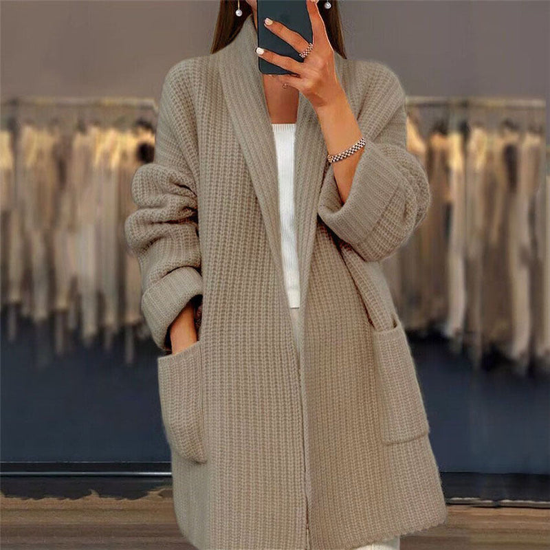 Women's Ribbed Knit Open Front Cardigan with Pockets - Camel