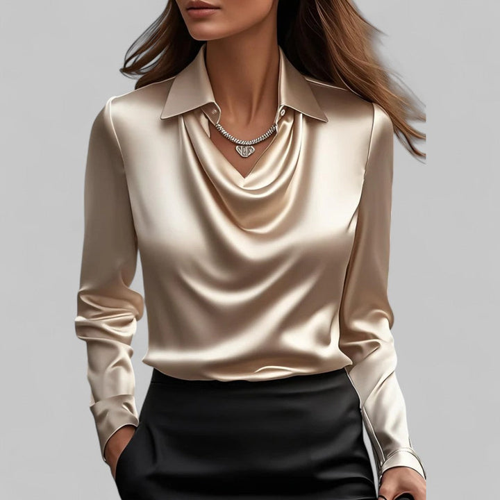 Satin draped neck blouse in champagne