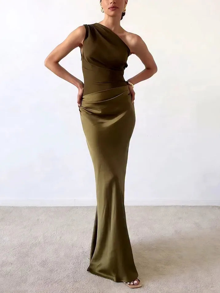 One-shoulder pleated party maxi dress in dark green