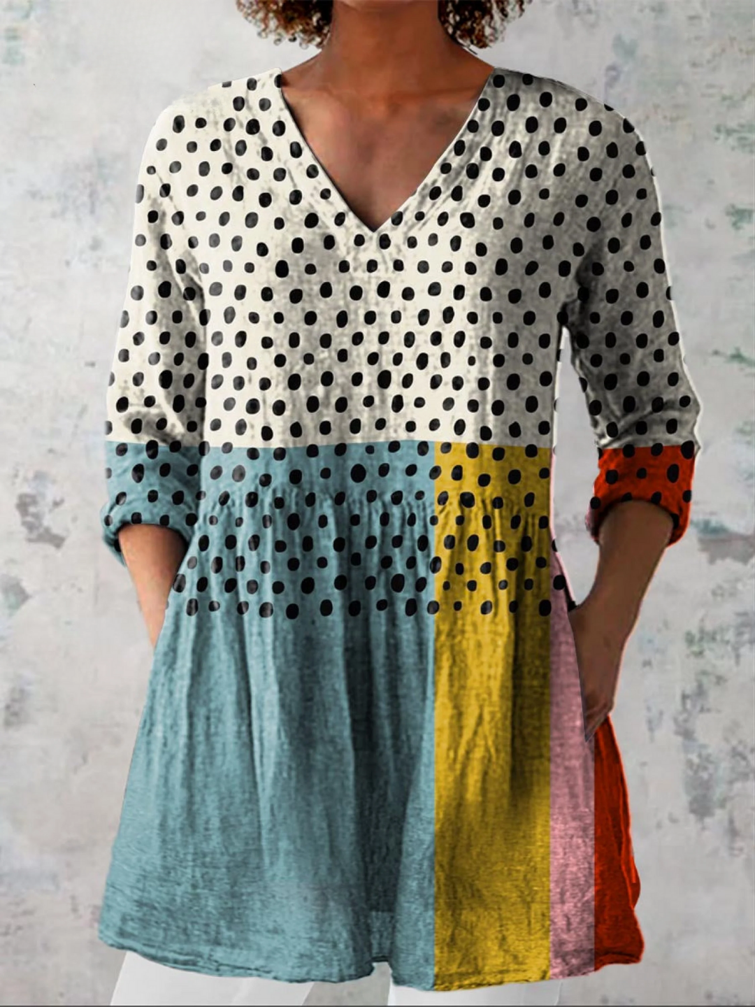 Women's multicolor print V-neck long blouse