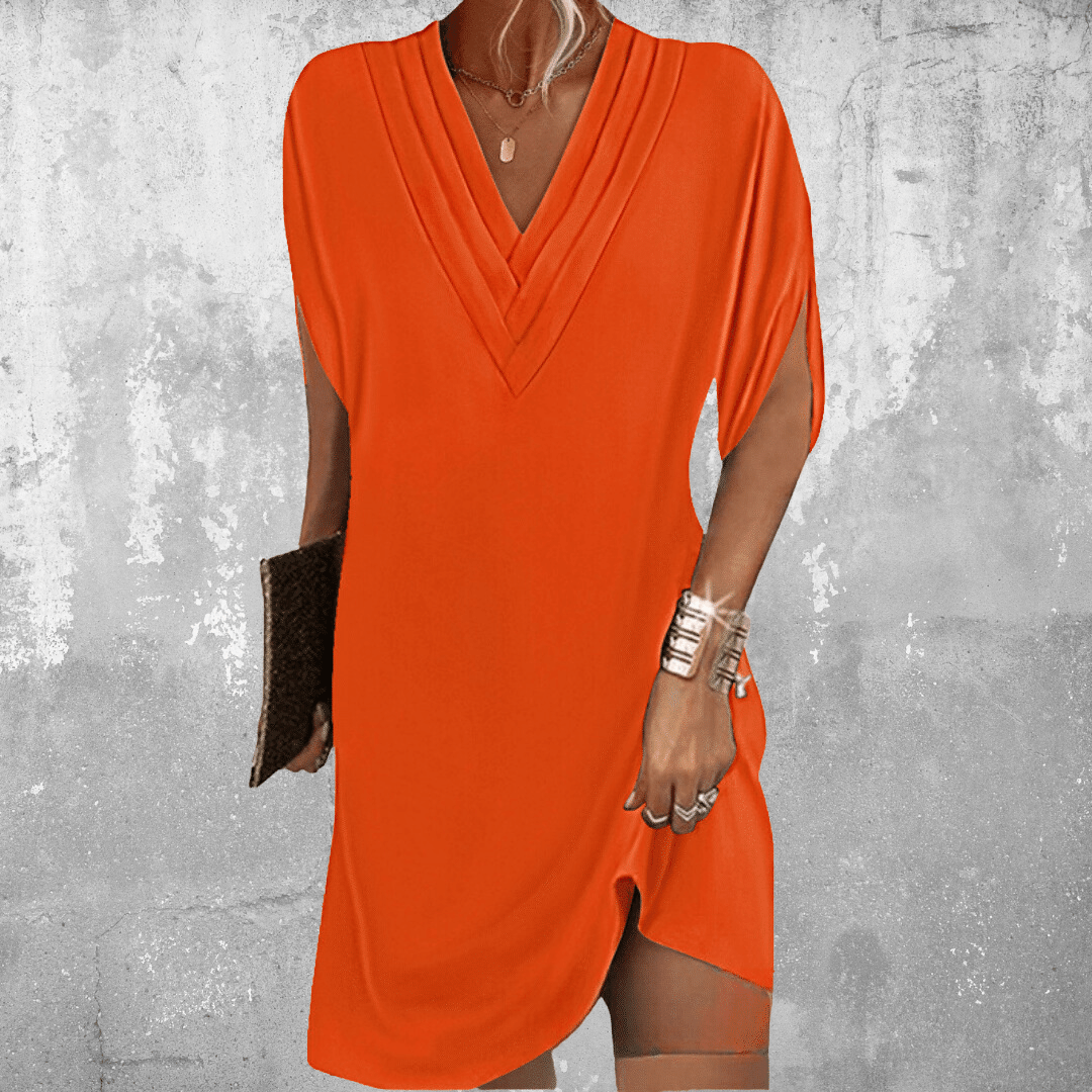 Elegant Tummy Covering V-Neck Dress - Orange