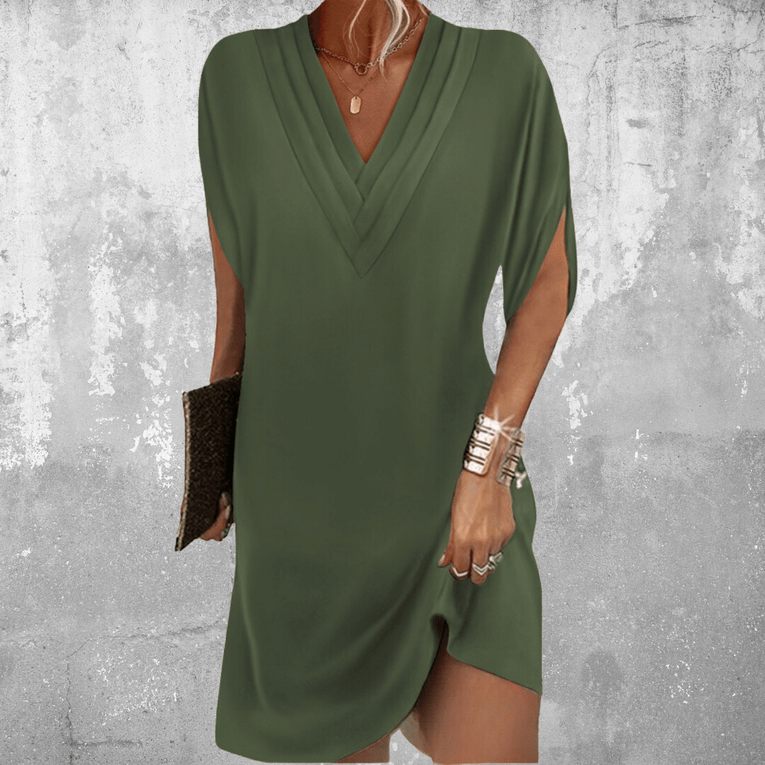Elegant Tummy Covering V-Neck Dress - Military Green