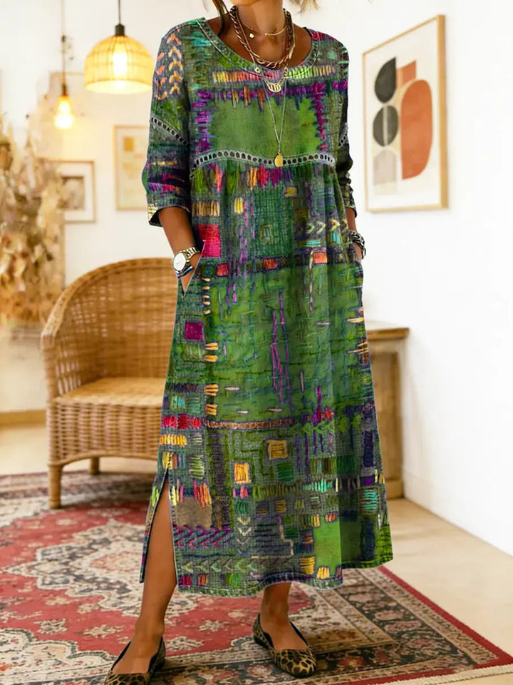 Ethnic patchwork print dress in green