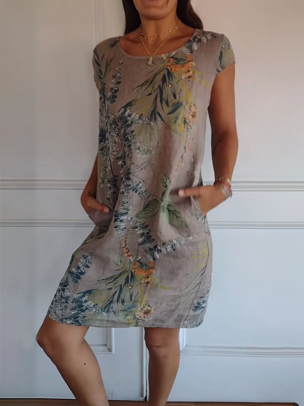 Comfortable Round-Neck Summer Dress - Brown