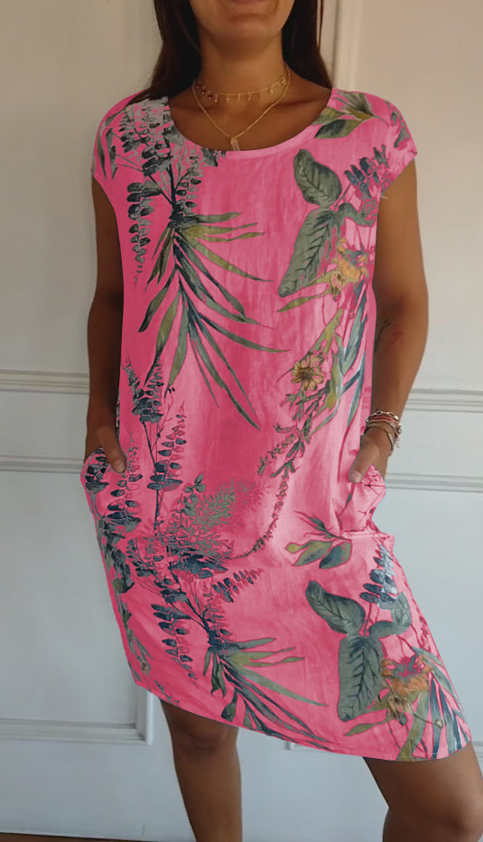 Comfortable Round-Neck Summer Dress - Pink