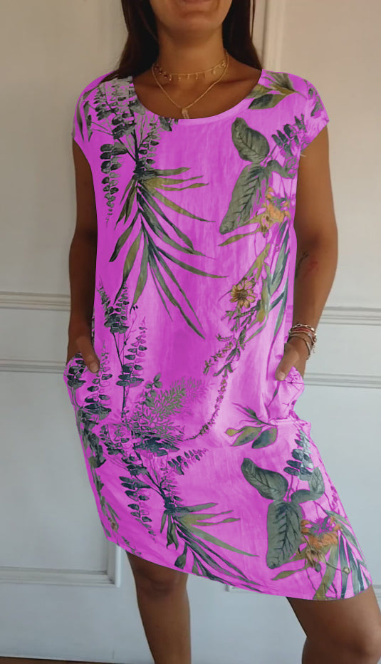 Comfortable Round-Neck Summer Dress - Purple