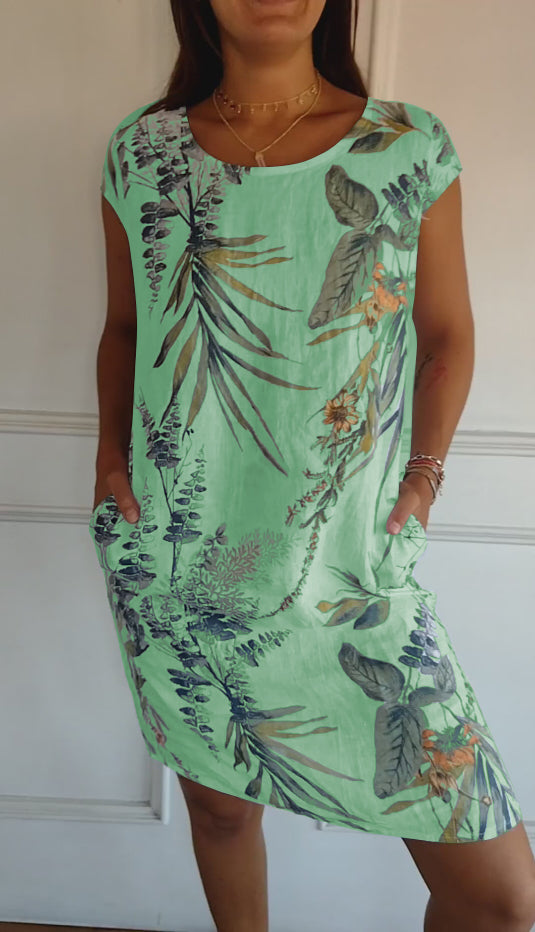 Comfortable Round-Neck Summer Dress - Green