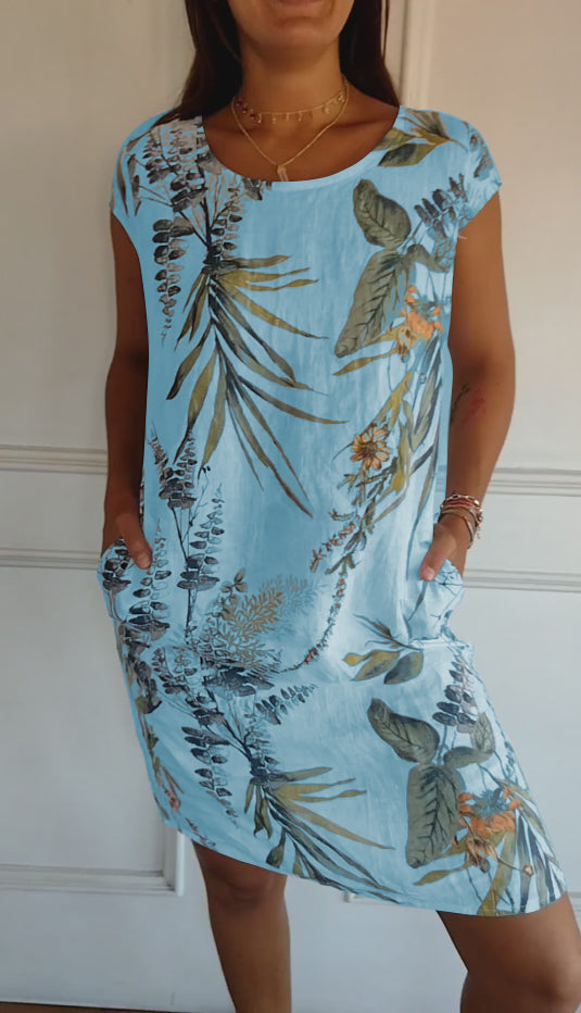 Comfortable Round-Neck Summer Dress - Light Blue