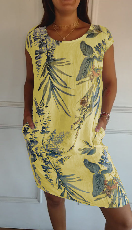 Comfortable Round-Neck Summer Dress - Yellow