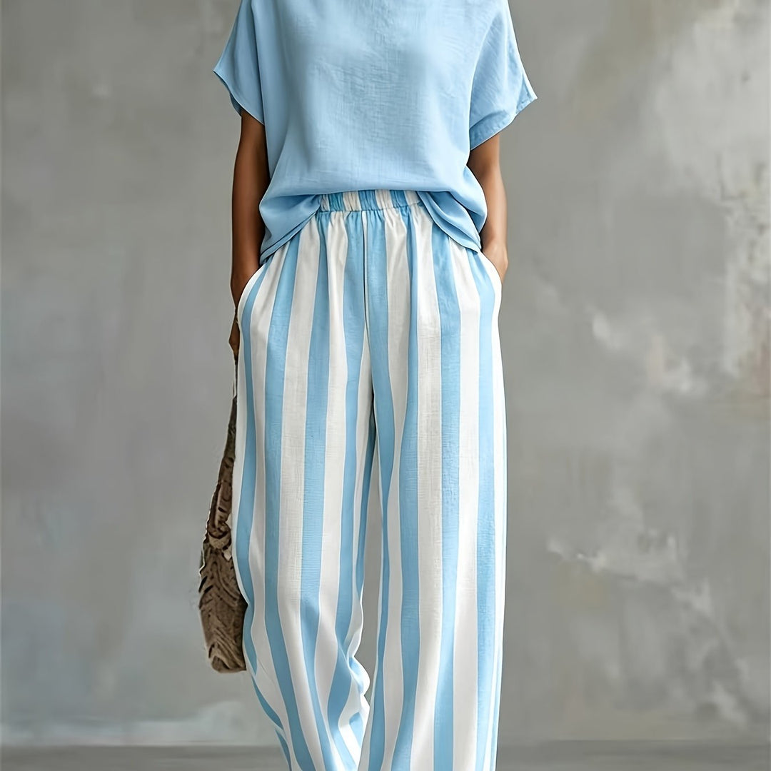 Striped Wide-Leg Two-Piece Set in Sky Blue