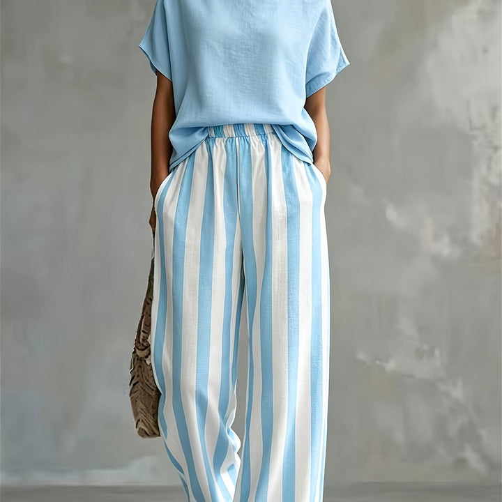 Striped Wide-Leg Two-Piece Set in Sky Blue