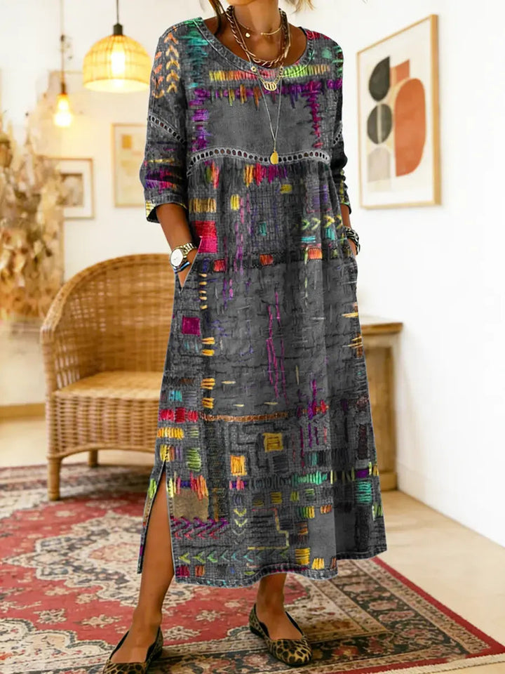 Ethnic patchwork print dress in grey