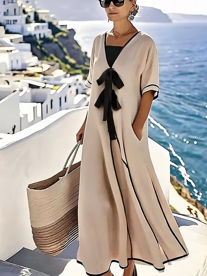 Women's beige contrast trim bow maxi dress