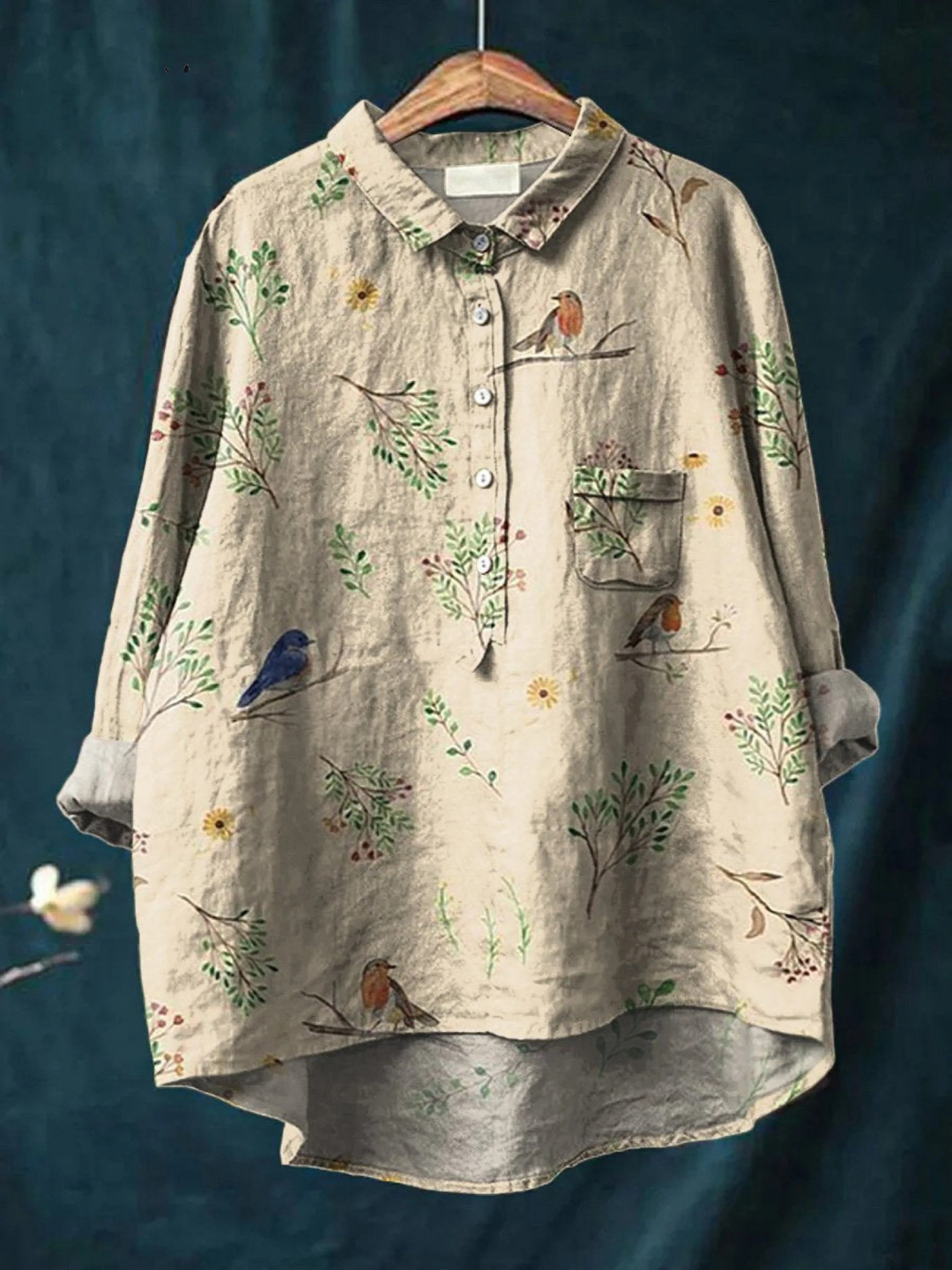 Women's multicolor robin bird and bough print long sleeve shirt