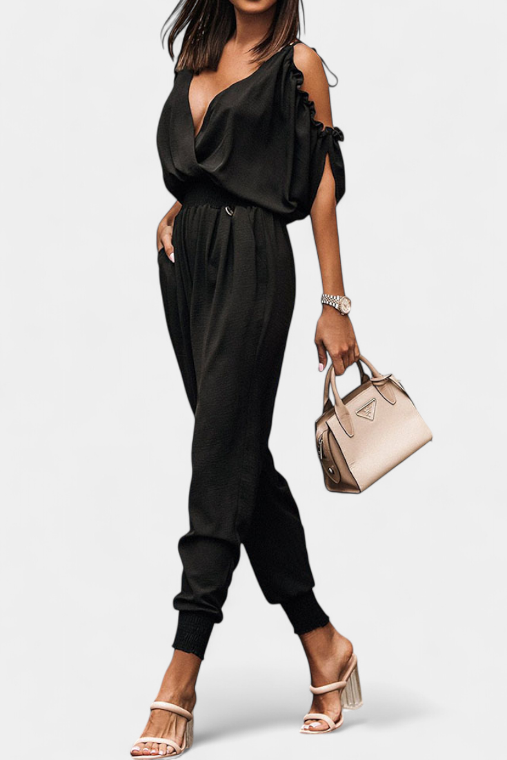 Women's off shoulder crossed V-neck jumpsuit in black