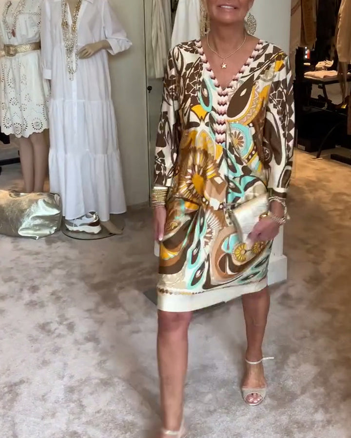 Sunburst print tunic midi dress in brown
