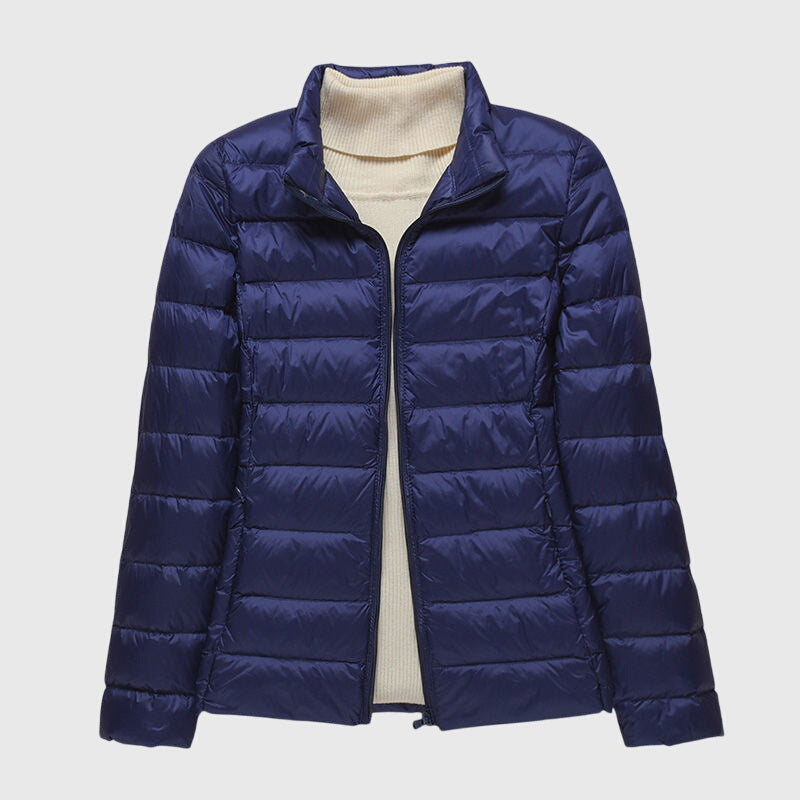 Women's Quilted Puffer Jacket - Dark Blue Stand Collar