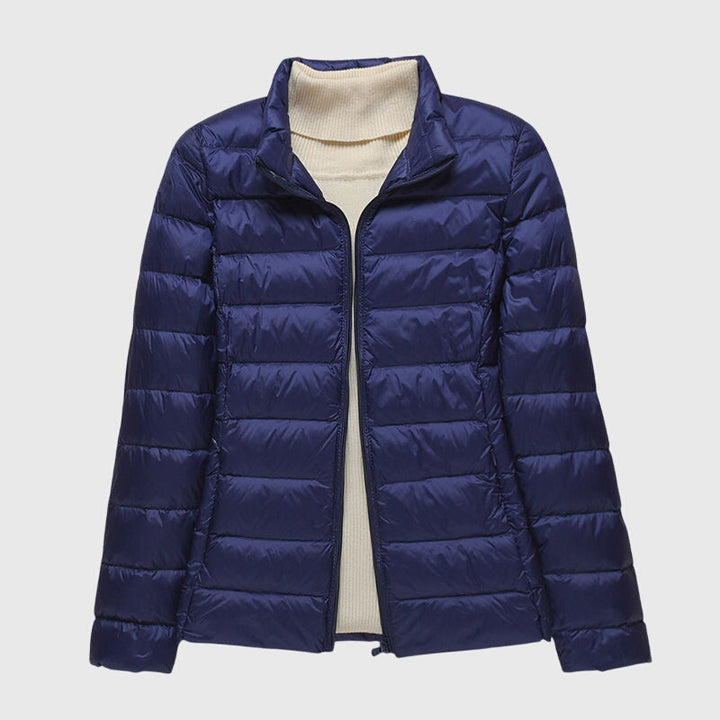 Women's Quilted Puffer Jacket - Dark Blue Stand Collar