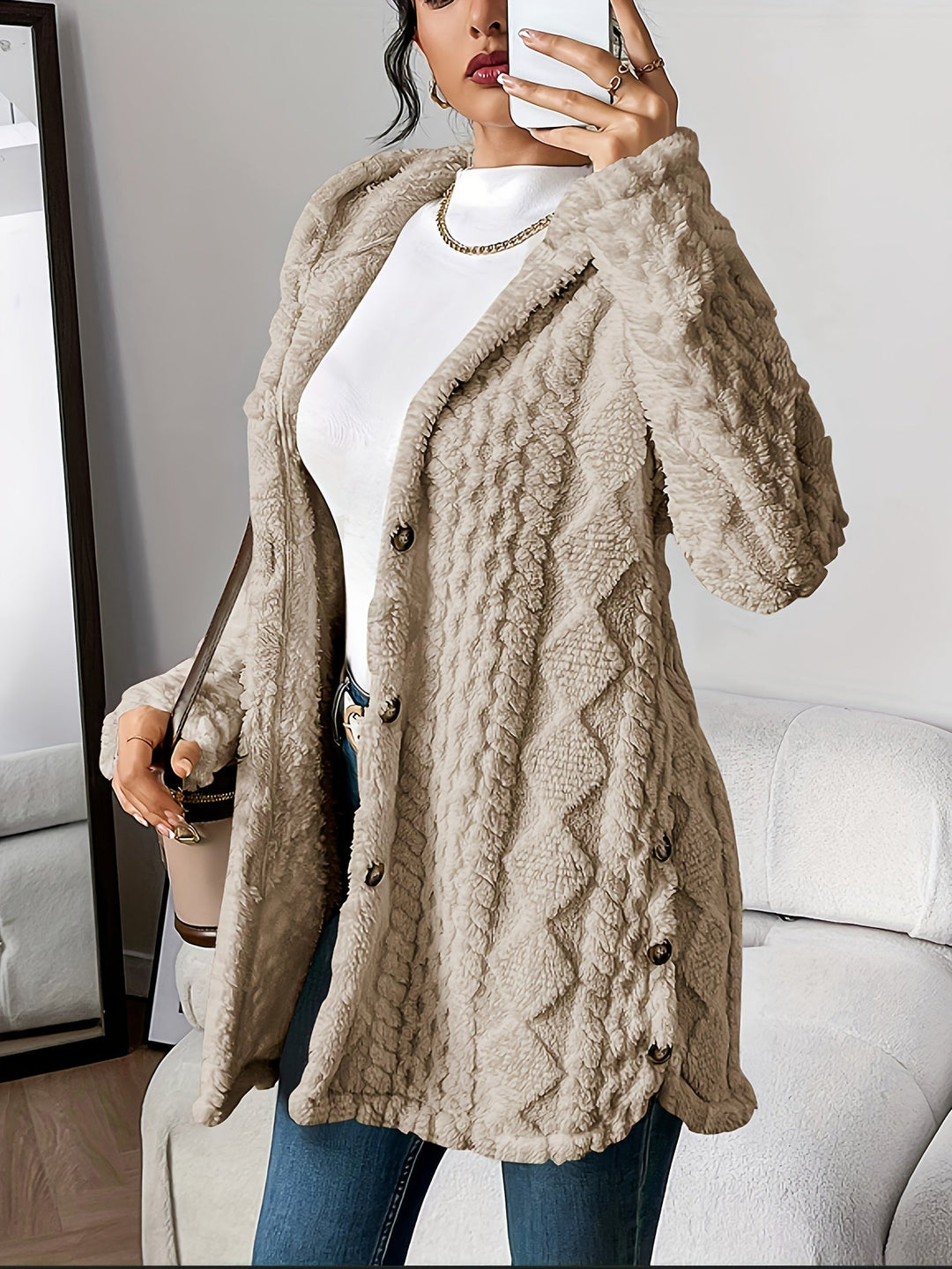 Khaki teddy fleece button-front jacket for women