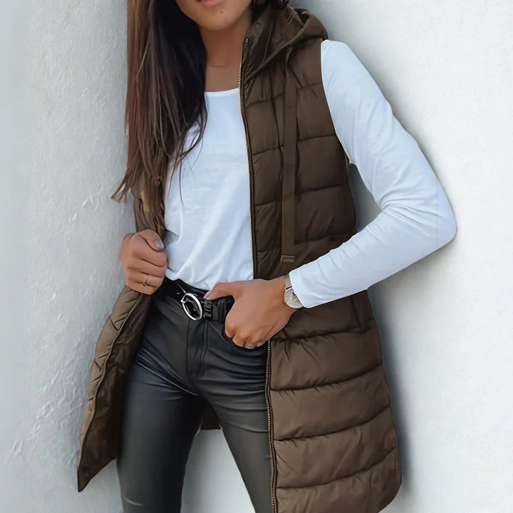 Longline hooded puffer vest brown