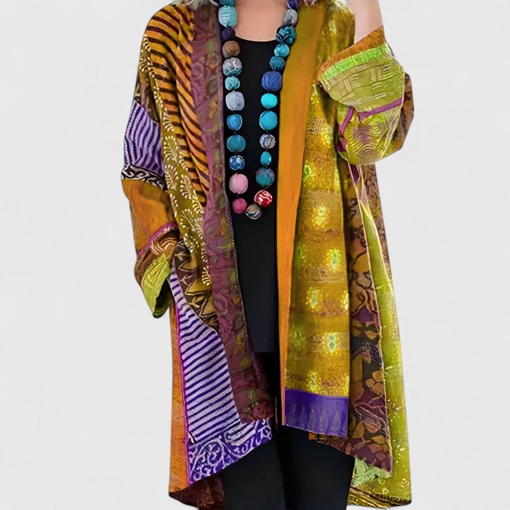 Women's patchwork print longline kimono cardigan in yellow
