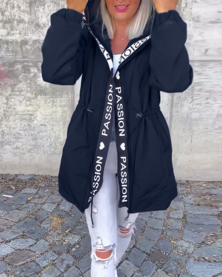 Women's minimalist hooded mid length coat navy blue