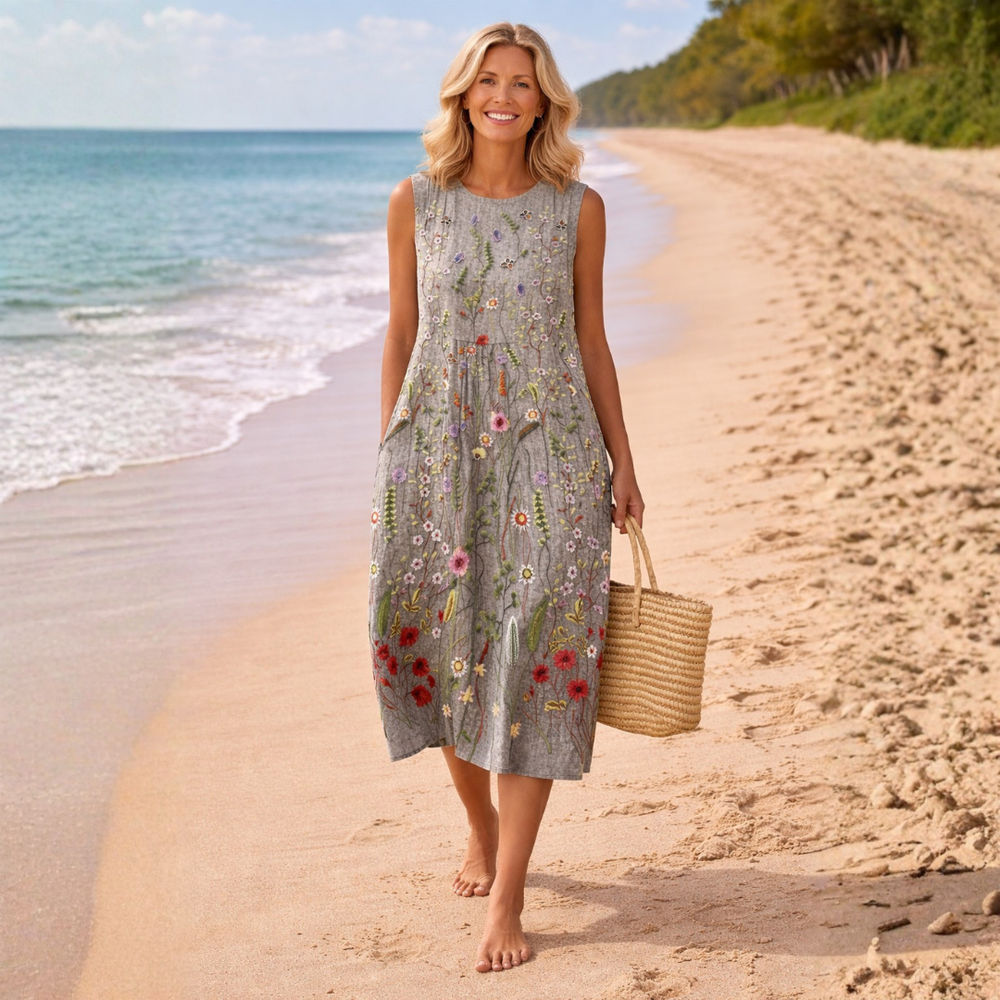 Women's wildflower embroidered relaxed midi dress detail
