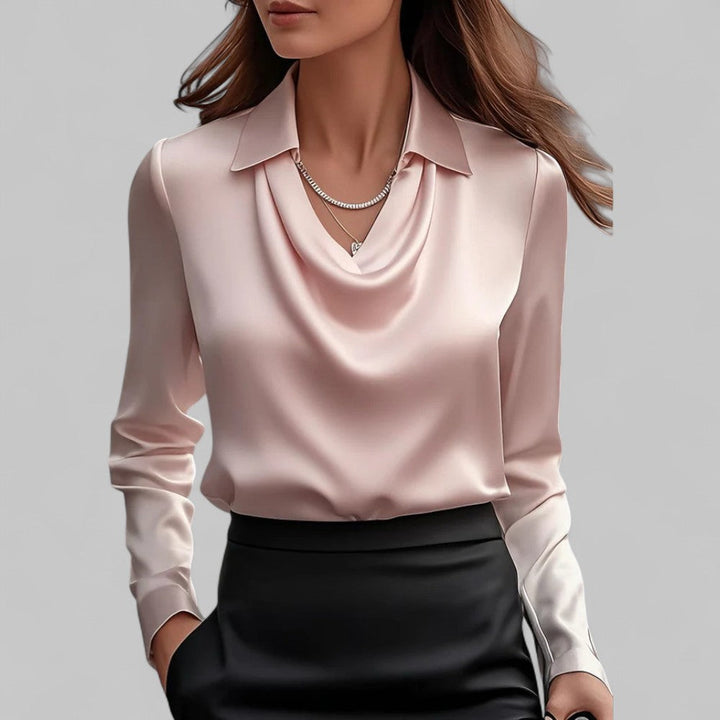Satin draped neck blouse in pink