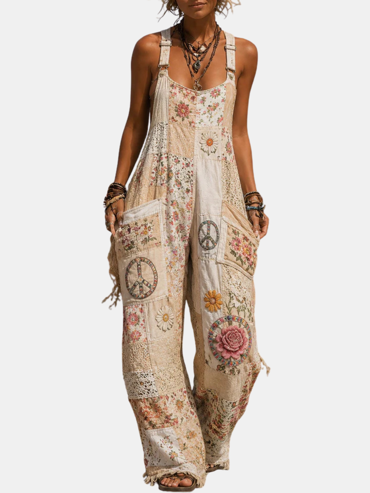 Women's washed patchwork fringe hem wide leg jumpsuit in multicolour, second view