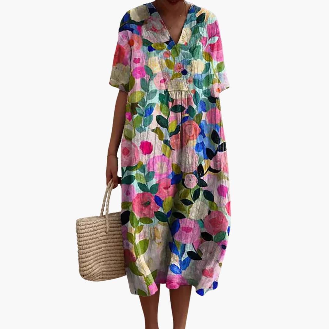 Floral V-Neck Oversized Midi Dress in pink